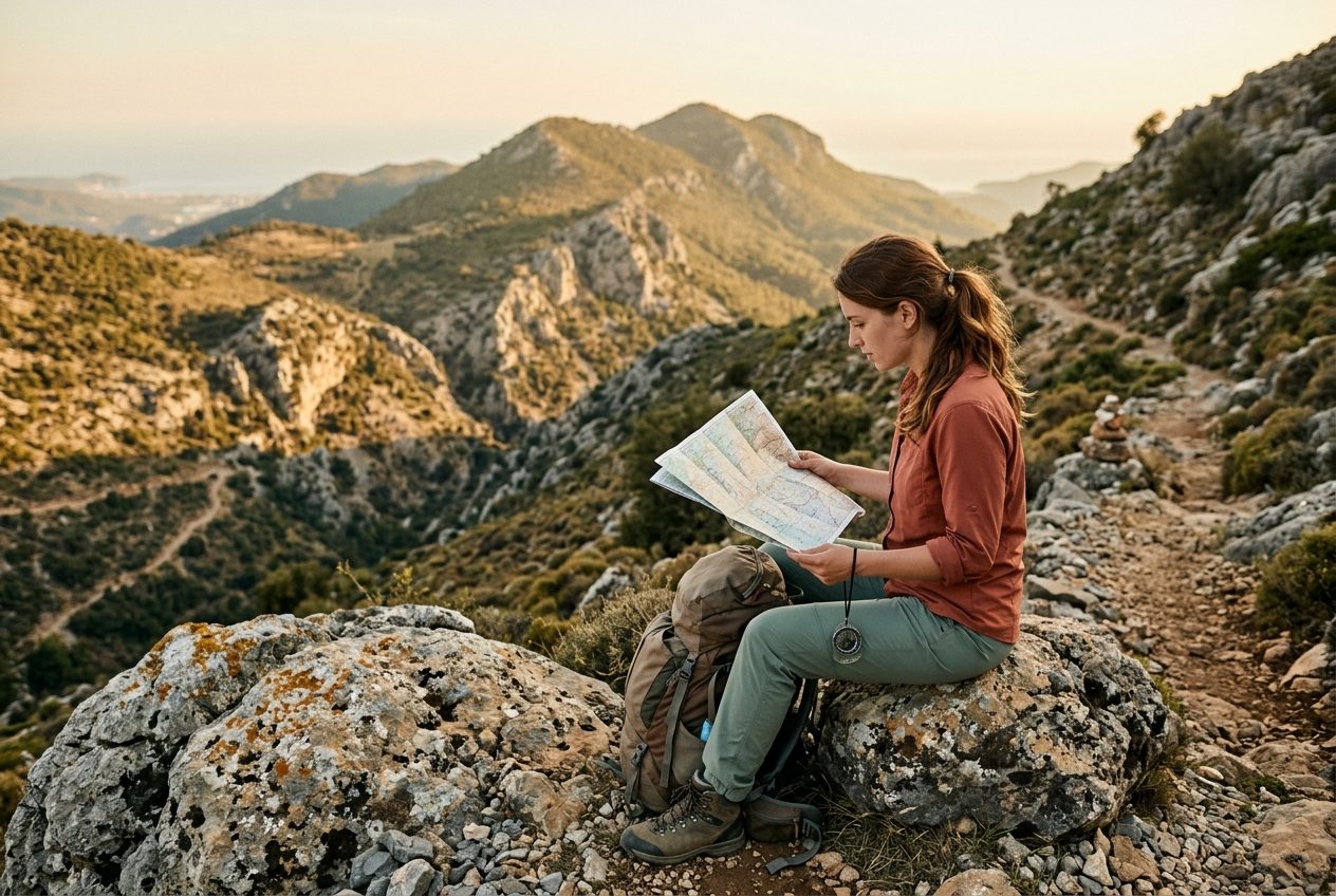 Hiker studying a trail map in Turkey